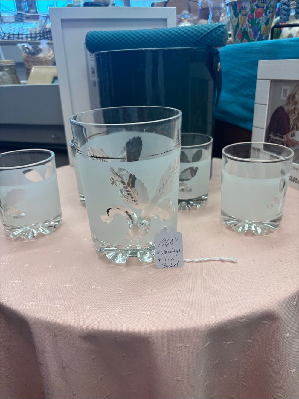 Etched Floral Highball Glass with Matching Tumblers - Pale Aqua Frost